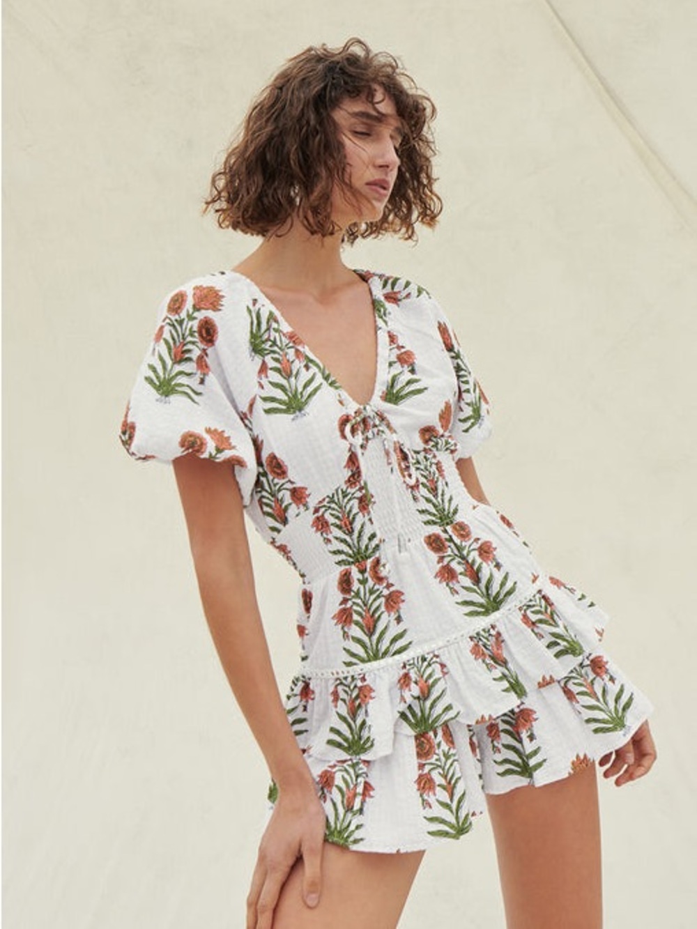Saylor Shannan Floral Poppy Romper with Puff Sleeves